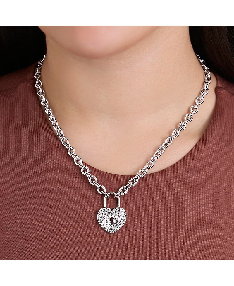 Jessica Simpson Silver-Tone Pave Crystal Heart Lock Necklace
