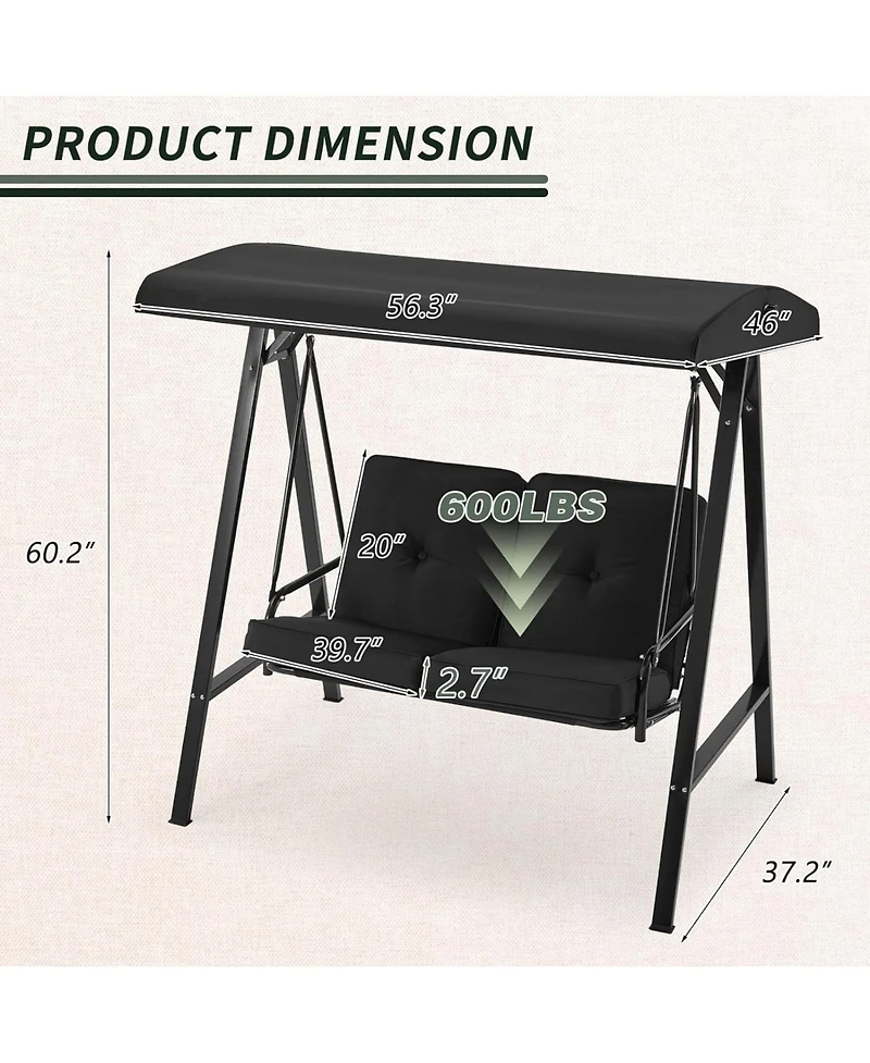 Boyel Living 2-Person Metal Patio Swing with Removable Cushion Patio Swing Outdoor Porch Swing Chair for Adults for Garden Backyard Deck