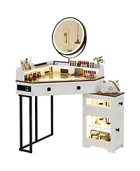 Vlsrka Farmhouse-style dressing table with mirror and lights, featuring a glass top.