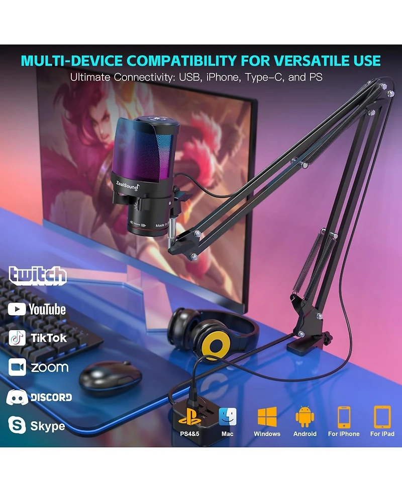ZealSound Usb Microphone for iPhone,Noise Cancellation Gaming mic with Touch Mute,Gain,Monitoring,Usb Mic Boom Arm for Streaming,Podcast,Twitch