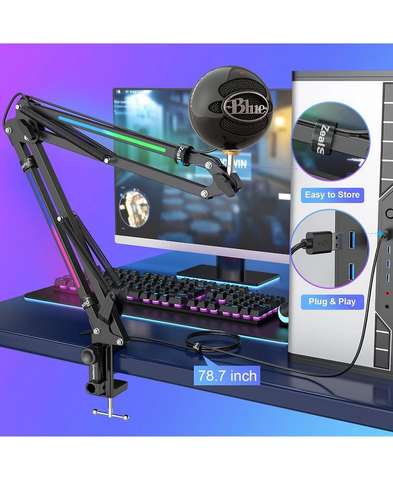 ZealSound Rgb Microphone Arm Stand,Mic Arm with Rgb Light for QuadCast/Blue Yeti/Snowball/Shure SM7B/Rode NT1/Elgato,Rotatable Suspension Boom Scissor