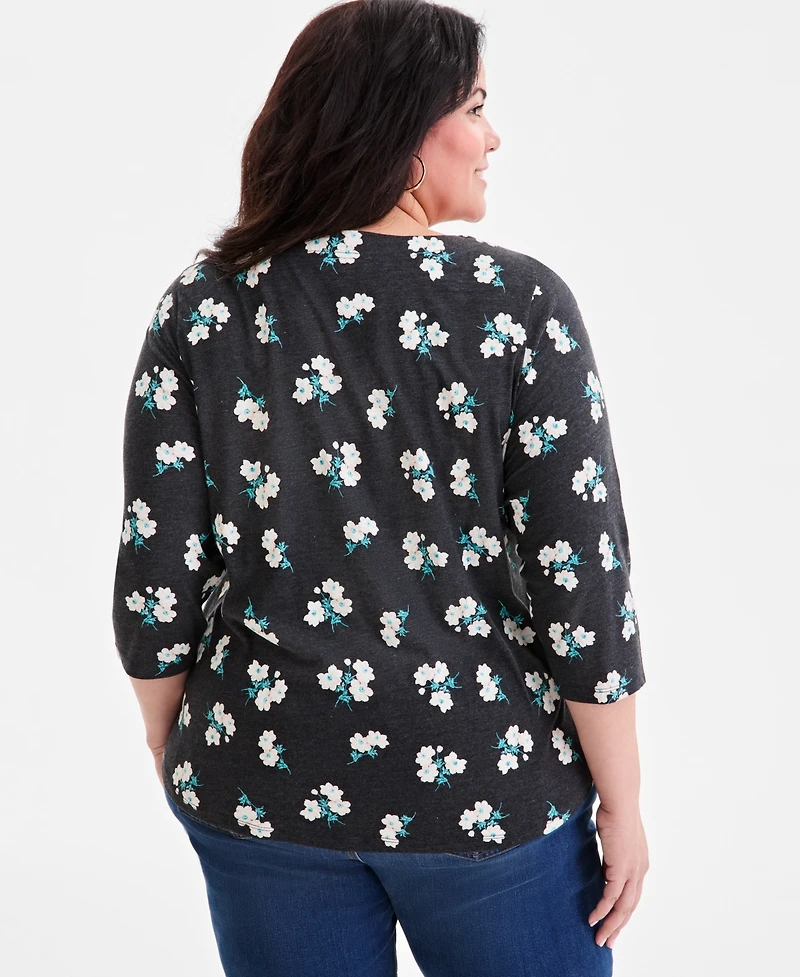 Style & Co Plus Printed V-Neck 3/4-Sleeve Top