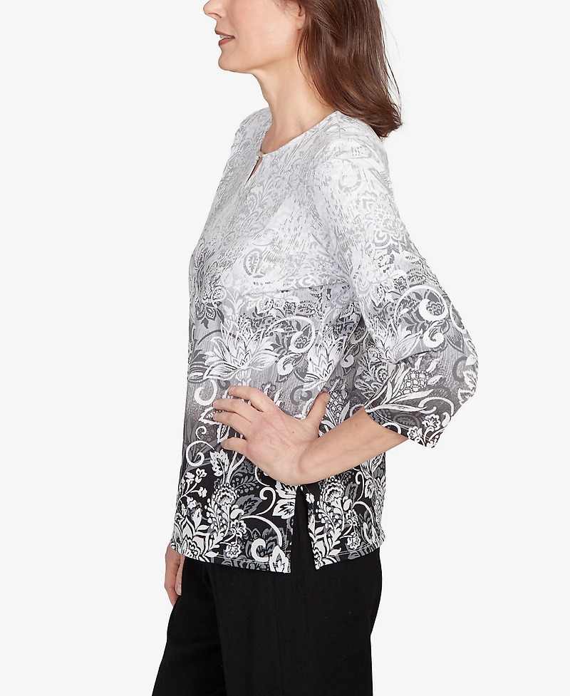 Alfred Dunner Women's Ombre Scroll Split Beaded Neck Top