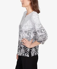 Alfred Dunner Women's Ombre Scroll Split Beaded Neck Top
