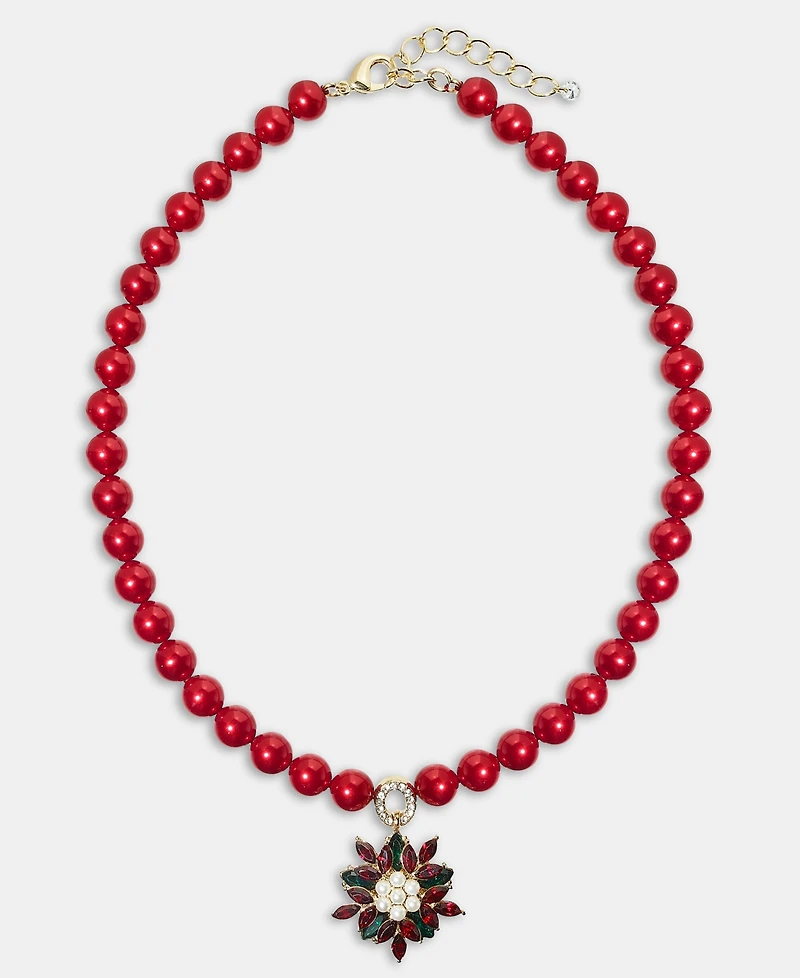 Gold-Tone Red Imitation Pearl Poinsettia Pendant Necklace, 16" + 2" extender