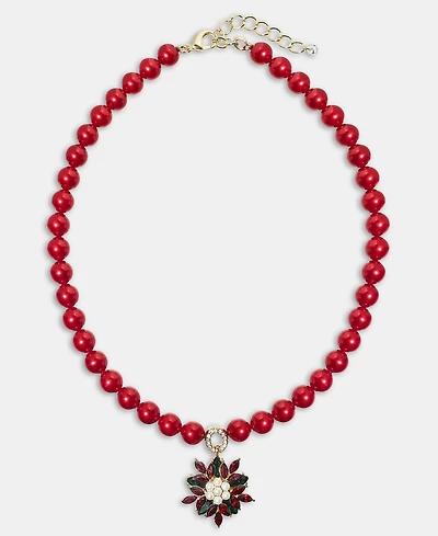 Gold-Tone Red Imitation Pearl Poinsettia Pendant Necklace, 16" + 2" extender