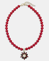 Gold-Tone Red Imitation Pearl Poinsettia Pendant Necklace, 16" + 2" extender
