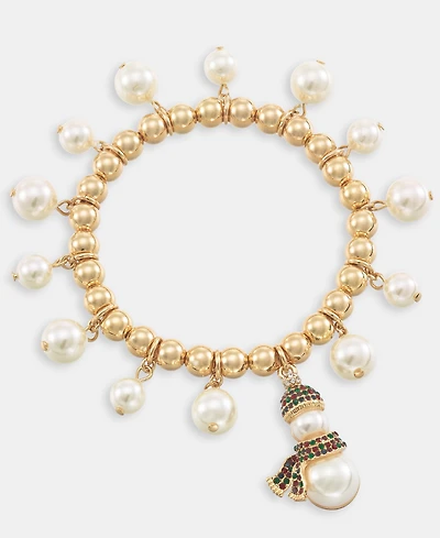 Holiday Lane Gold-Tone Snowman Imitation Pearl Beaded Stretch Bracelet