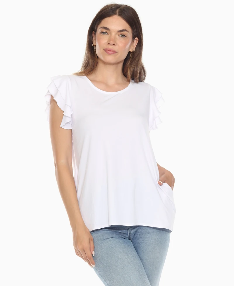 White Mark Women's Ruffle Sleeve Solid Top