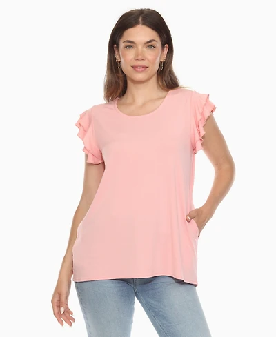 White Mark Women's Ruffle Sleeve Solid Top