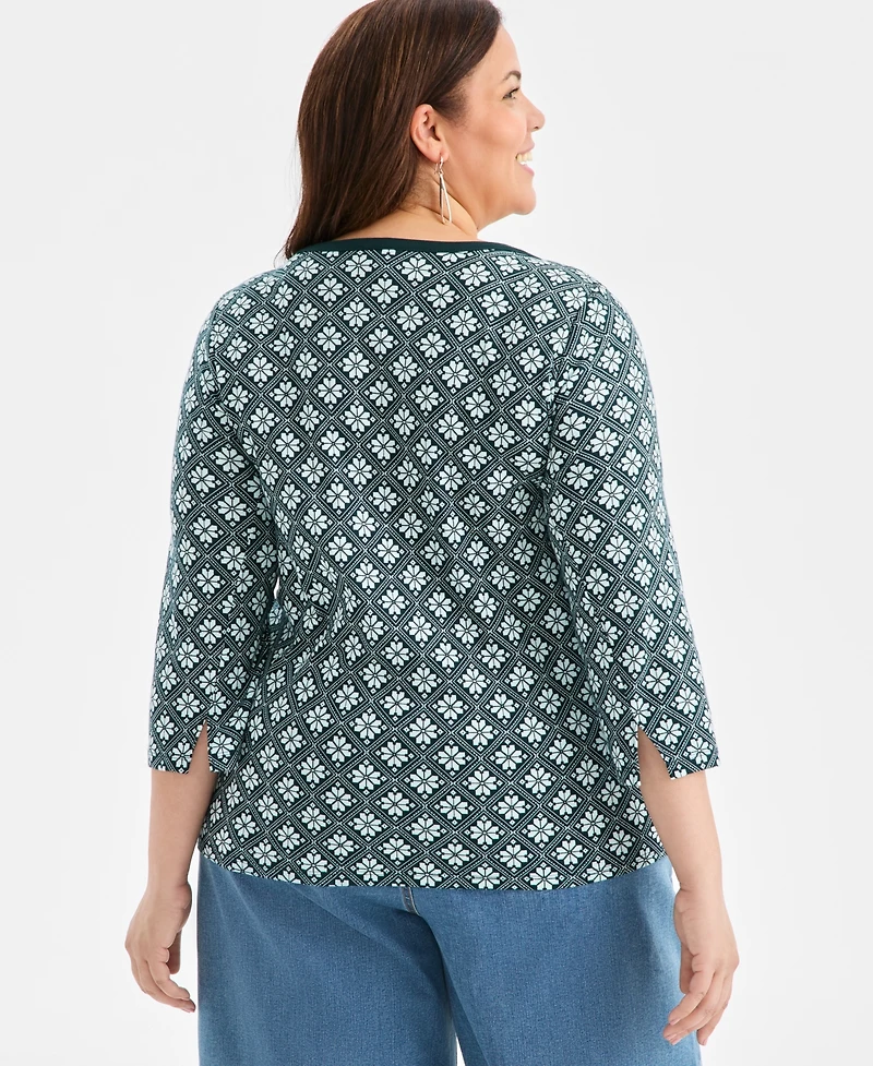 Style & Co Plus Printed Knit 3/4-Sleeve Top
