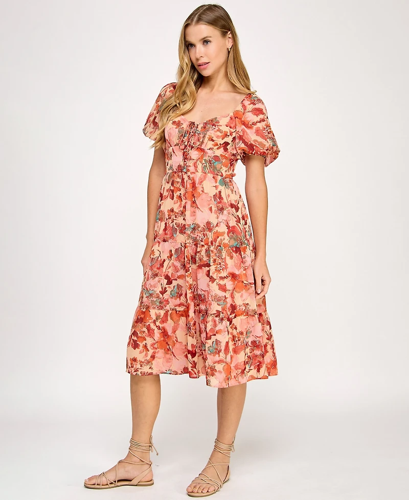 City Studios Juniors' Printed Lace-Up Front Midi Dress