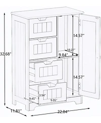 Casainc White Floor Storage Cabinet with Adjustable Shelves, 4 Drawers & Door for Bathroom and Living Room Use