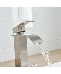 Greenspring Waterfall Single Handle Hole Low-Arc Bathroom Faucet Drip-Free Vanity Sink Matte Black & Gold