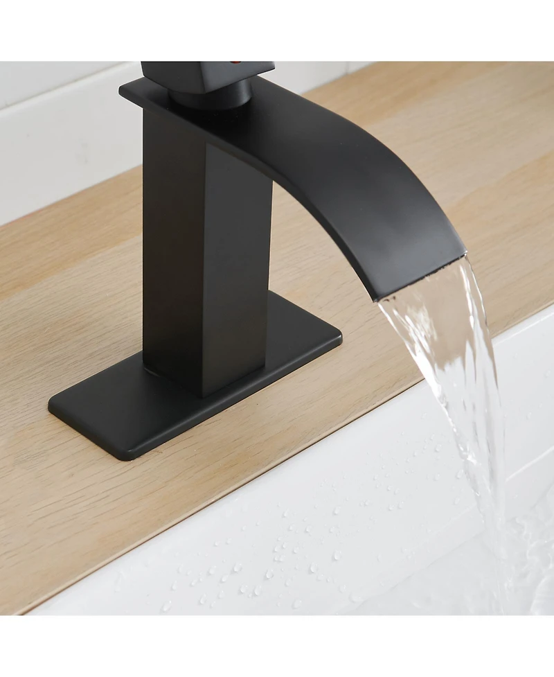 Greenspring Waterfall Single Handle Hole Low-Arc Bathroom Faucet Drip-Free Vanity Sink Matte Black & Gold