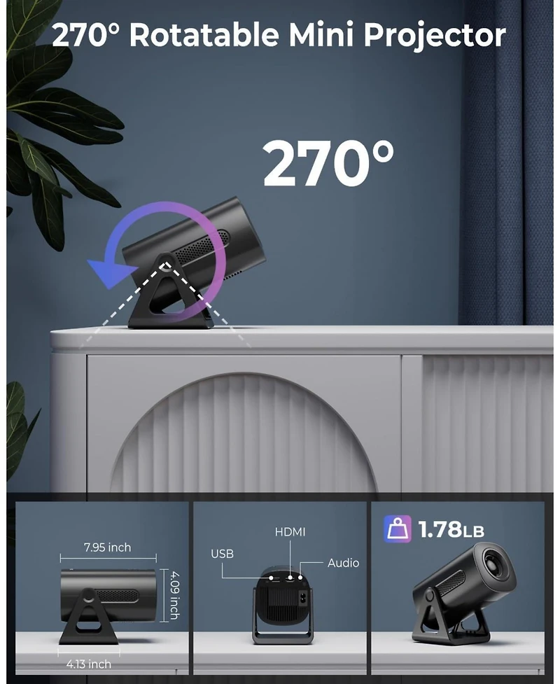 Clokowe Mini Projector, 4K 1080P Support projector with wifi and bluetooth, Android Tv Os 8000 plus Apps for Phone Stick Laptop Hdmi
