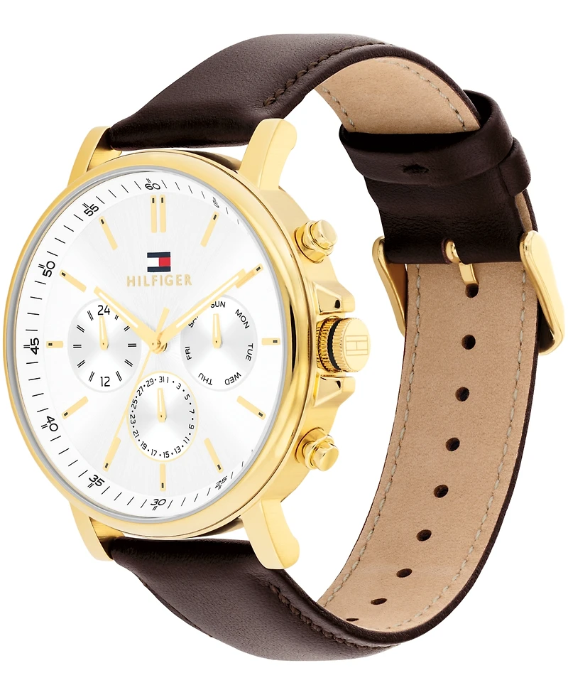 Tommy Hilfiger Men's Multifunction Brown Leather Strap Watch, 43mm