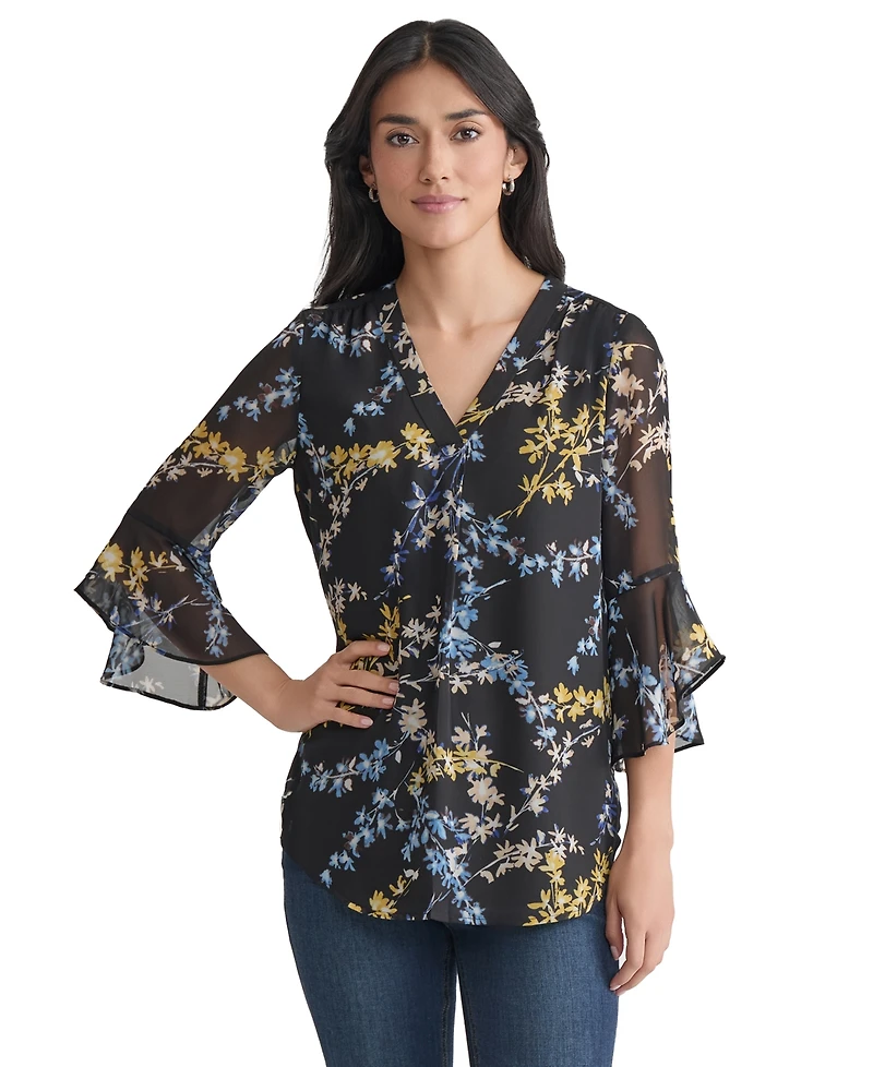 Jones New York Women's Sheer-Flutter-Sleeve Y-Neck Blouse
