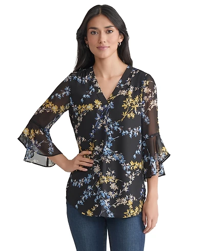 Jones New York Women's Sheer-Flutter-Sleeve Y-Neck Blouse