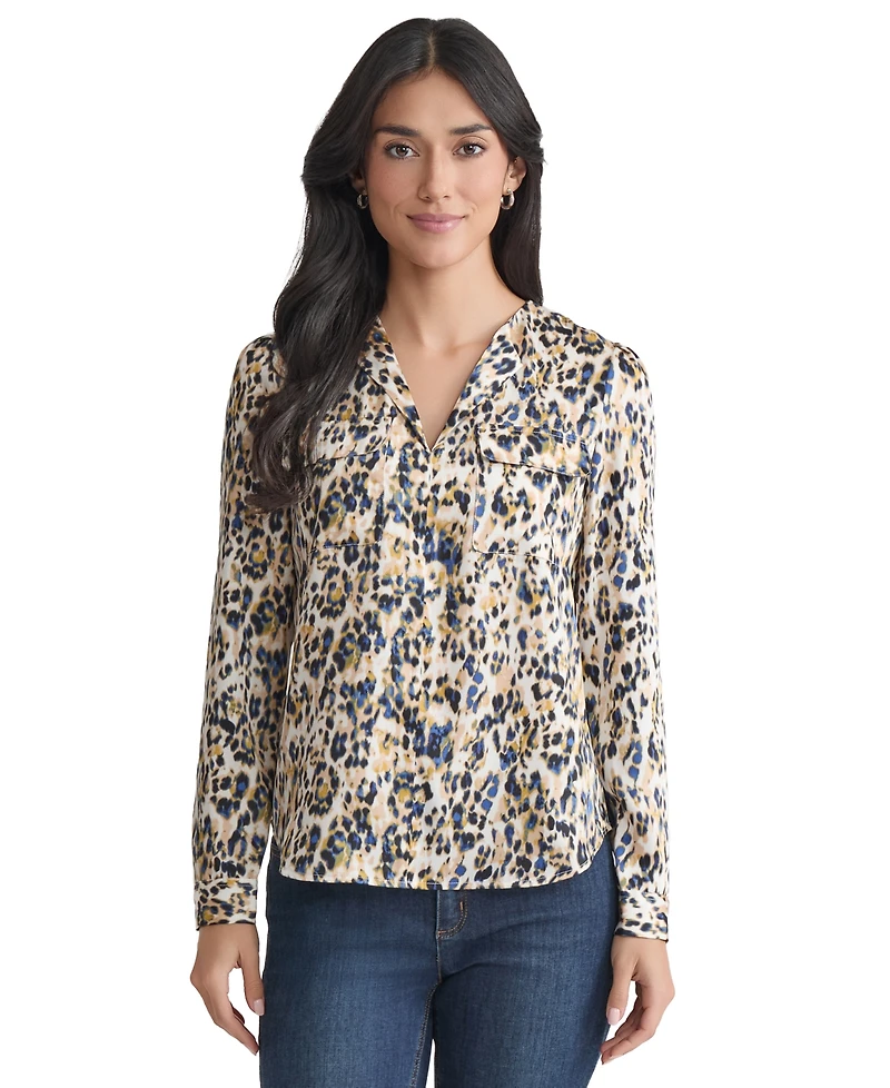 Jones New York Women's Animal-Print Flap-Pocket Long-Sleeve Top