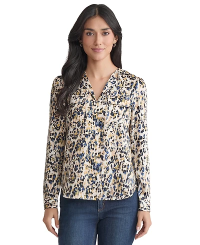 Jones New York Women's Animal-Print Flap-Pocket Long-Sleeve Top