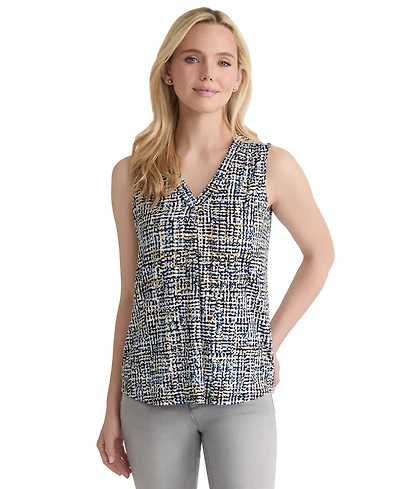 Jones New York Women's Printed Pleat-Front V-Neck Sleeveless Top