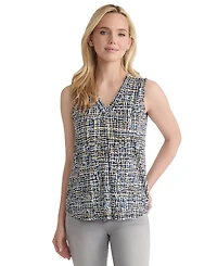 Jones New York Women's Printed Pleat-Front V-Neck Sleeveless Top