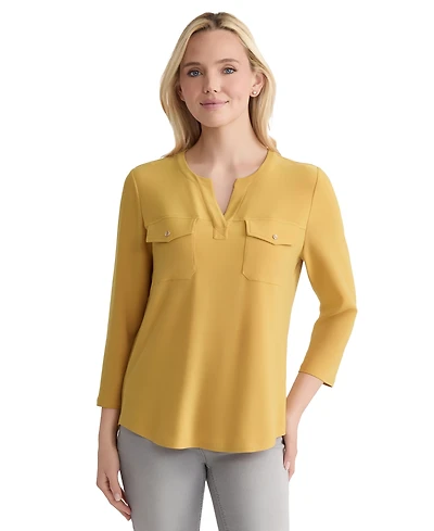 Jones New York Women's Solid 3/4-Sleeve Flap-Pocket Top