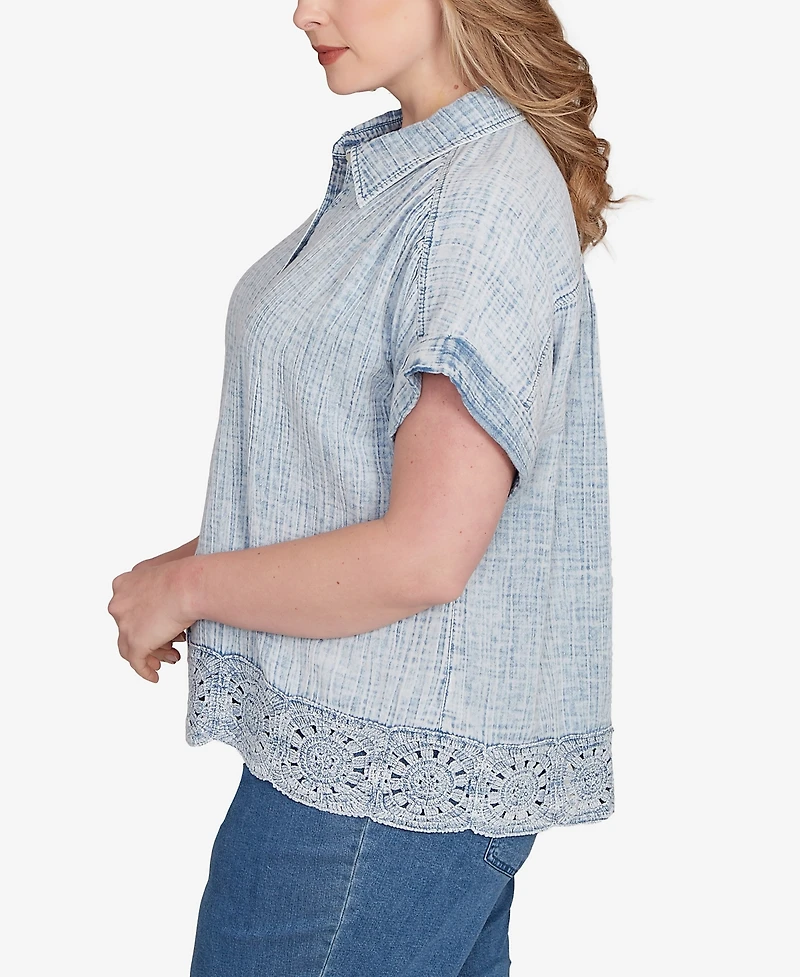 Ruby Rd. Plus Snow Washed Crochet Hem Collared Shirt