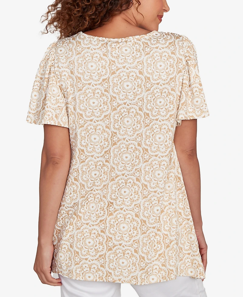 Ruby Rd. Plus Size Beaded Macrame Puff Print Top