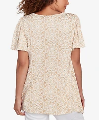 Ruby Rd. Plus Size Beaded Macrame Puff Print Top