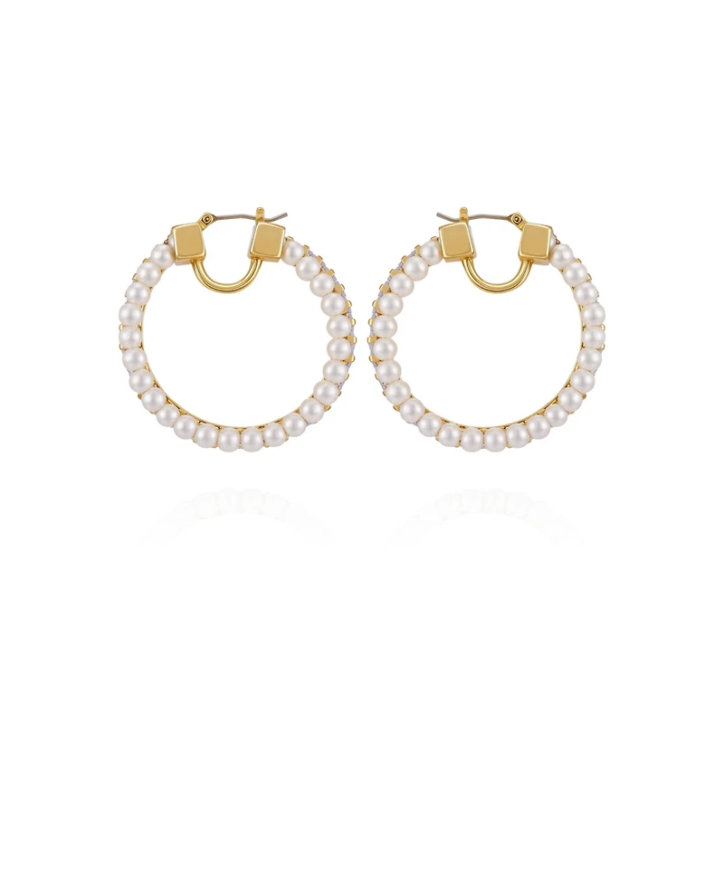 Vince Camuto Gold-Tone Crystals Cultivated Pearl Hoop Earrings
