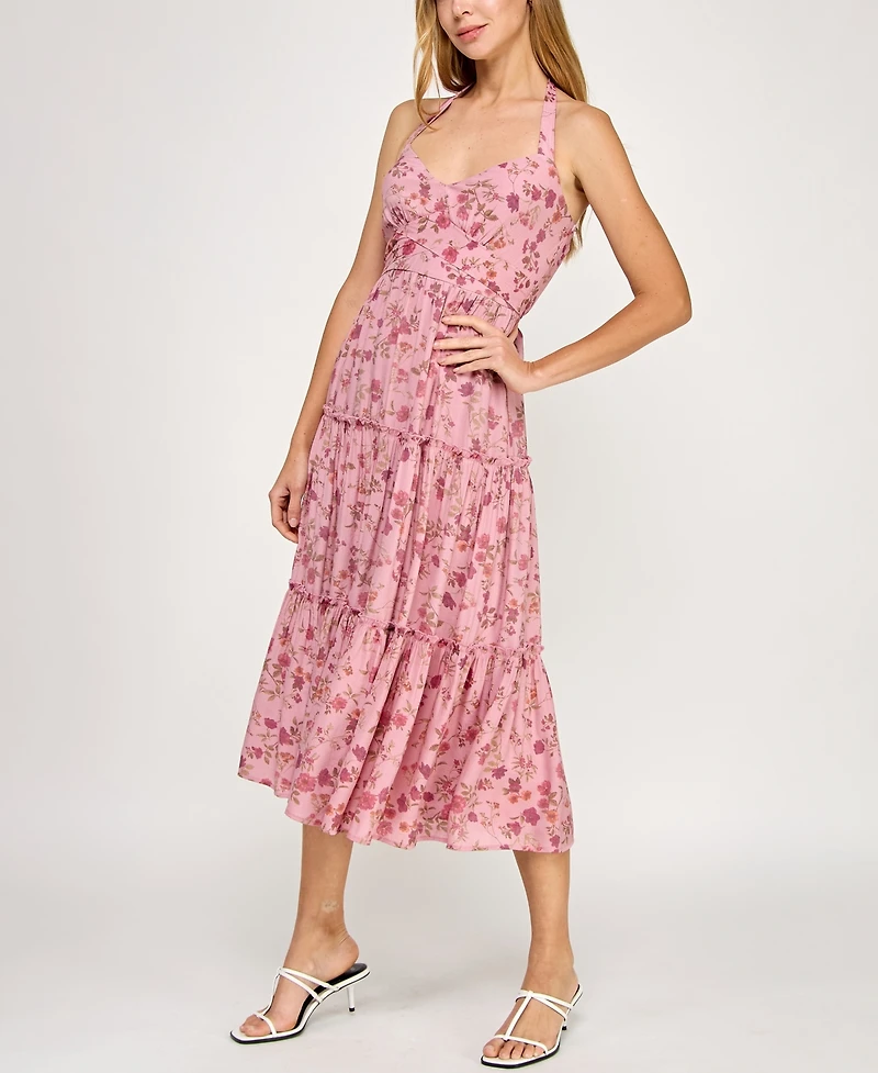 Trixxi Juniors' Printed Sleeveless Halter Midi Dress