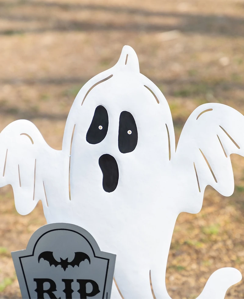 Glitzhome 32.25" Lighted Halloween Metal Ghost Tombstone Yard Stake with Timer