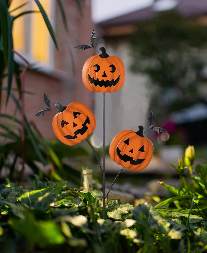 Glitzhome 39.5" Halloween Metal Triple Pumpkin with Spring Bats Yard Stake