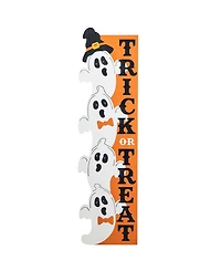 Glitzhome 42" Lighted Halloween Wooden Stacked Ghost with Trick or Treat Porch Sign with Timer