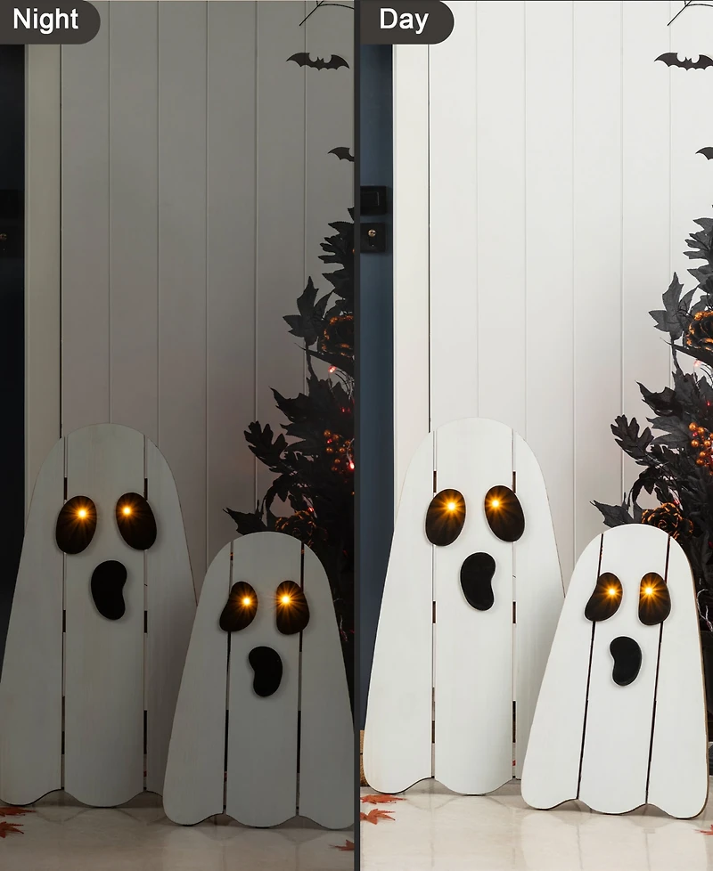 Glitzhome Halloween Lighted Wooden White Ghost Porch Decor with Timer, Set of 2