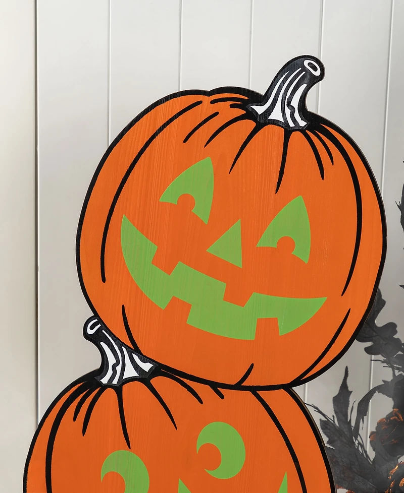 Glitzhome Halloween Wooden Skeleton Cat and Stacked Pumpkin Porch Decor, Set of 2