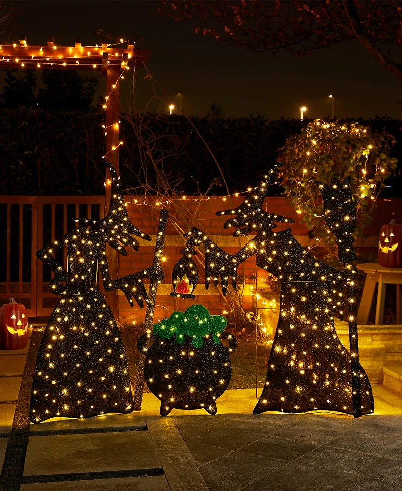 Glitzhome Lighted Halloween Witches with Cauldron Outdoor Decor with Warm White Led Lights, Set of 3