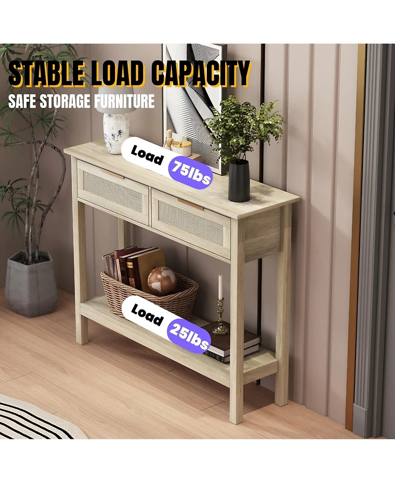 Boho Style Console Table with 2 Rattan Drawer and Bottom Storage Shelf for Entryway, Minimalist Side Table with Rattan Storage Drawer and Shelf for Li