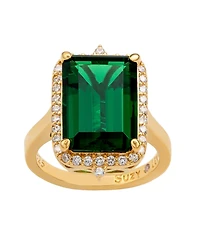 Suzy Levian New York Yellow Sterling Silver Emerald-Cut Green Cubic Zirconia and Pointed Halo White Ring