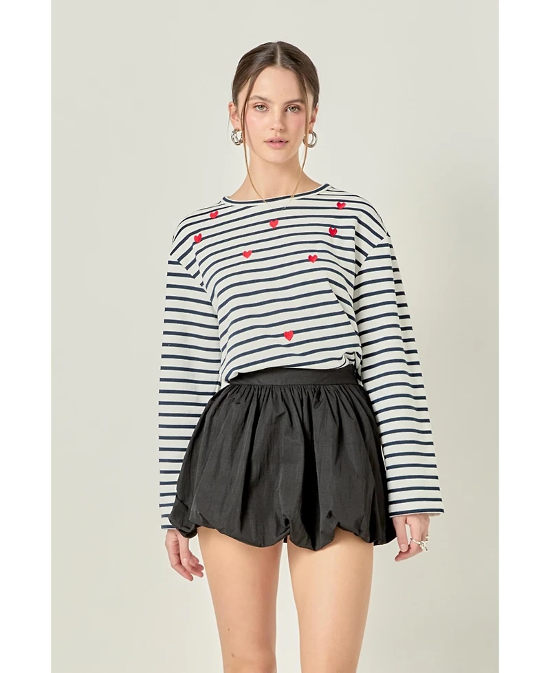 English Factory Women's Heart Embroidered Stripe T Shirt