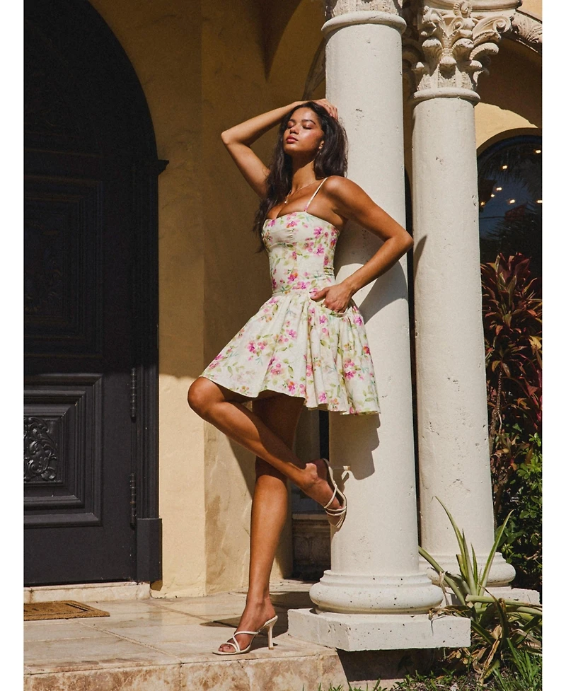 Miss Circle Women's Valda Yellow and Pink Print Linen Mini Dress with Pockets