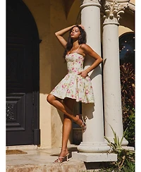 Miss Circle Women's Valda Yellow and Pink Print Linen Mini Dress with Pockets
