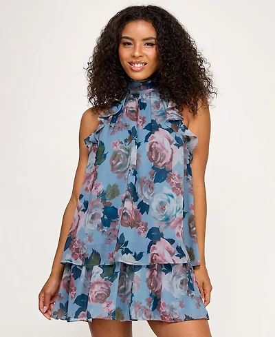 Seni & Cade Juniors' Printed Mock-Neck Trapeze Dress