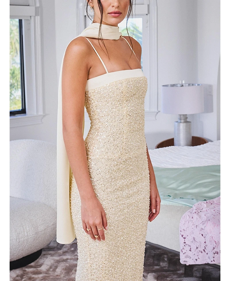 Miss Circle Women's Raizel Gold Beaded Sequin Bodycon Gown with Scarf