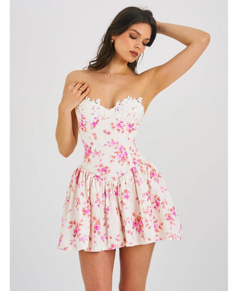 Miss Circle Women's Samara Floral Drop Waist Linen Corset Puffy Mini Dress
