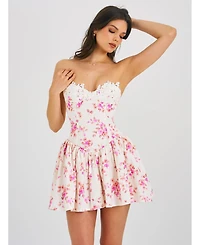 Miss Circle Women's Samara Floral Drop Waist Linen Corset Puffy Mini Dress