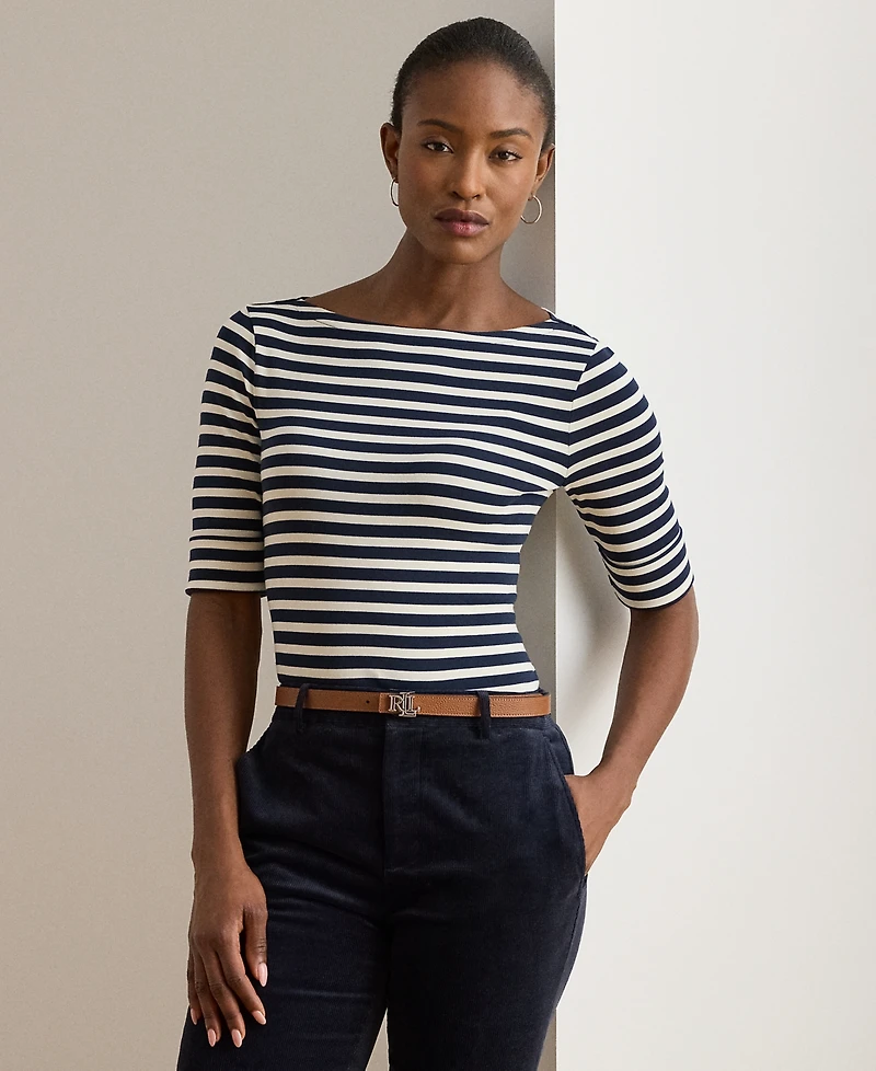 Lauren Ralph Petite Striped Stretch Cotton Boatneck Tee