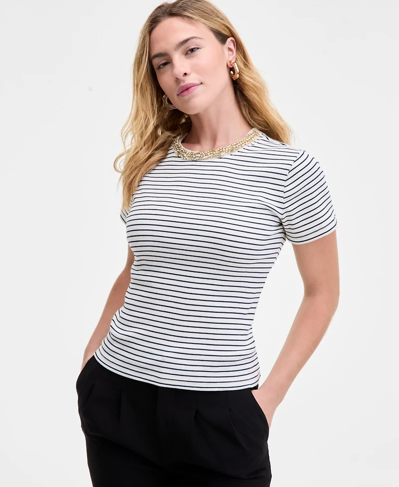On 34th Women's Embellished-Crewneck Rib-Knit T-Shirt, Macy's Exclusive